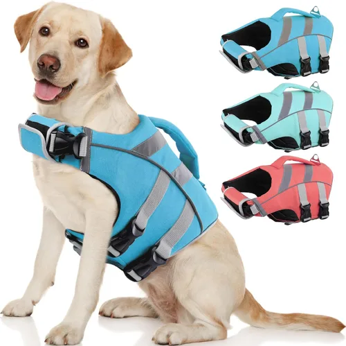 Miniatura 7 de Kuoser Chaleco salvavidas para perros con rayas reflectantes, chaleco salvavidas ajustable para mascotas con alta flotación, traje de baño