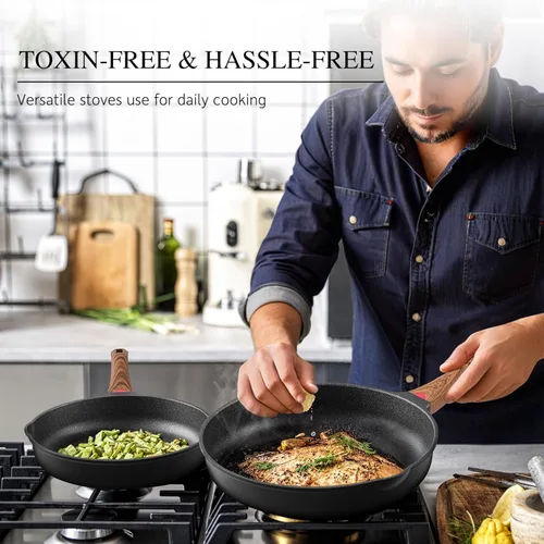 Miniatura 6 de Vinchef Sartenes antiadherentes de 8" con tapa, sartén utilizada para todas las estufas, utensilios de cocina no tóxicos para inducción, sartenes