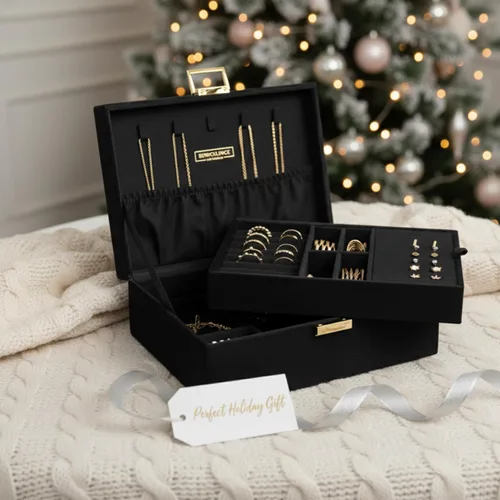 Miniatura 5 de Benevolence LA Joyero de 2 capas para mujer, organizador de joyas grande de terciopelo con cerradura decorativa, bandeja de joyería extraíble