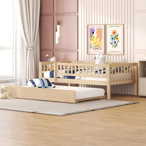 Sofá cama individual con nido, marco de cama infantil de madera tamaño individual con valla, cama nido individual para niñas, niños, cama de Natural