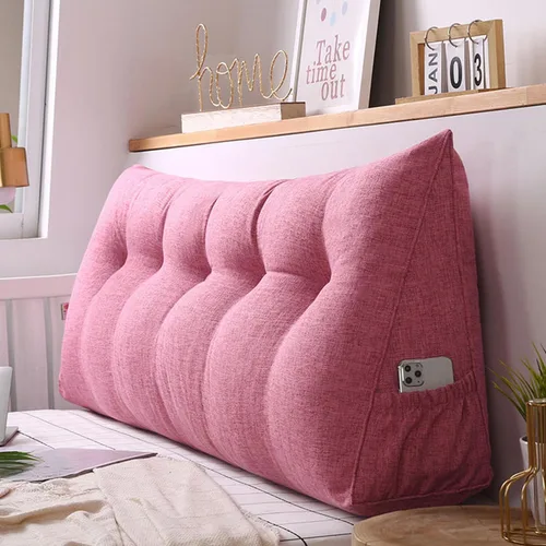 Almohada triangular grande para cabecero de lectura, almohada de lino y algodón para sofá cama, cojín de apoyo de posicionamiento con funda Rosa