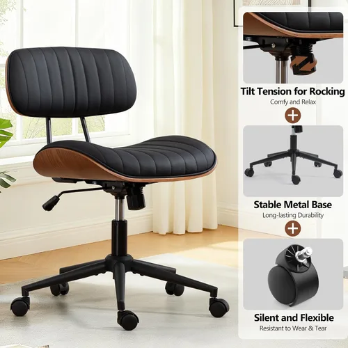 Miniatura 6 de Silla de oficina para el hogar Newnno con ruedas, silla de escritorio de altura ajustable de cuero giratoria, silla moderna sin brazos de nogal
