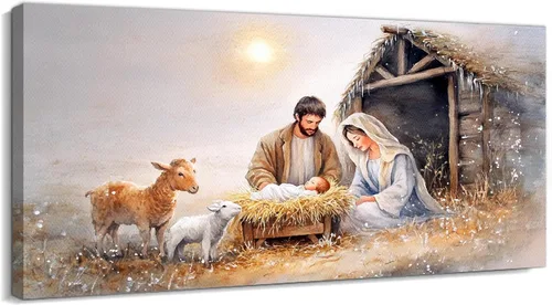 Miniatura 26 de TIMUBA Arte de pared de pesebre navideño, impresiones en lienzo de belén, imagen de póster cristiano de Jesús de noche estrellada, pintura