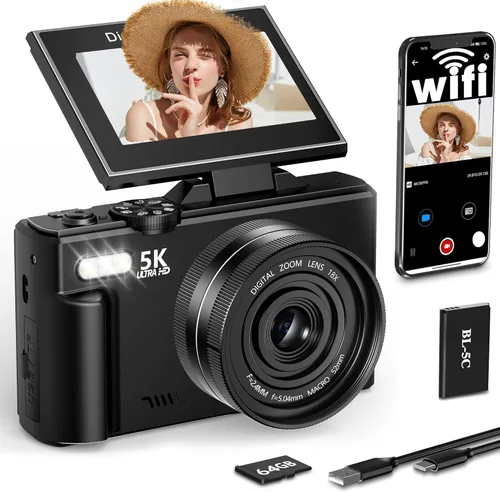 FLATIC Cámara digital 5K, cámaras de 75 MP para fotografía con WiFi y tarjeta TF de 64 GB, cámara de vlogging automático para YouTube con pantalla
