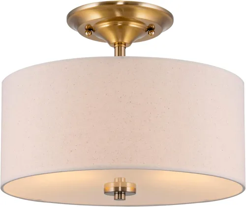 Kira Home Addison - Lámpara de techo de 13 pulgadas con pantalla de tambor de tela blanca rota, 2 luces de techo, acabado de latón frío