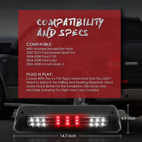 Miniatura 6 de Luz de freno trasera impermeable de doble fila LED, tercera cola de montaje alto, repuesto para Ford F-150 Lincoln Mark LT 2004 2005 2006 2007 2008
