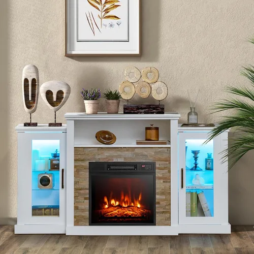 Miniatura 8 de Tangkula - Soporte de TV para chimenea eléctrica, chimenea eléctrica con repisa con luces LED de 16 colores, estantes de vidrio ajustables, control