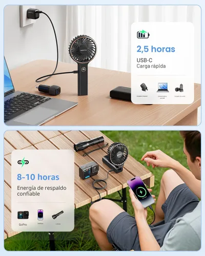 Miniatura 6 de SWEETFULL Ventilador portátil de mano, batería recargable de 5000 mAh, viento de 6 velocidades, pantalla digital LED, mini ventilador de viaje Negro
