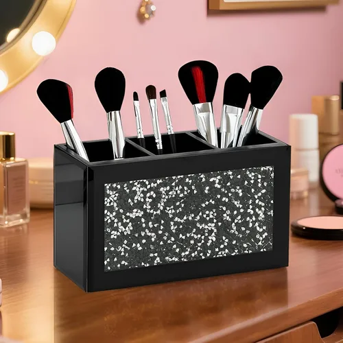 Miniatura 2 de SHYFOY Organizador Portacepillos de Maquillaje Negro, Organizador de Almacenamiento de Cepillos de Cosméticos de 3 Ranuras de Vidrio con Diamante