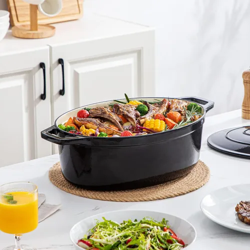 Miniatura 8 de vancasso Horno holandés ovalado de hierro fundido esmaltado, 9.3 cuartos de galón con revestimiento de esmalte antiadherente para hornear pan, olla