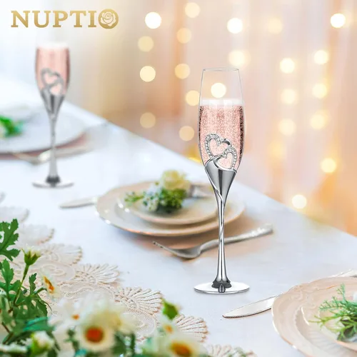 Miniatura 2 de Juego creativo de corazón con copas de champán de diamantes, copas de boda para novia y novio, juegos de regalo de tazas de brindis para parejas