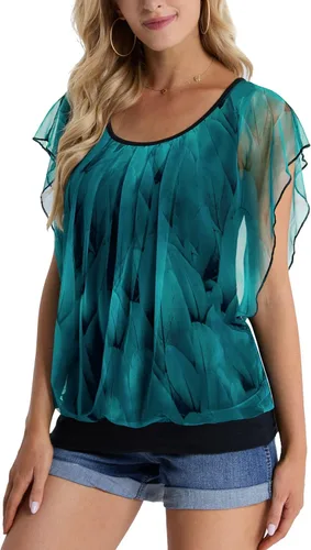 Miniatura 3 de BAISHENGGT Blusas de verano para mujer, de manga corta, plisadas, de malla frontal, blusas elegantes y casuales