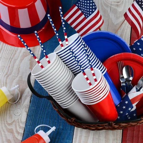 Miniatura 5 de AnyDesign 200 pajitas de papel patrióticas impresas con la bandera estadounidense del 250 aniversario, pajitas desechables para el 4 de julio