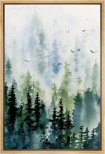 Miniatura 12 de SIGNWIN Lienzo enmarcado para pared, diseño de planta de bosque de montaña verde pastel, naturaleza, ilustraciones de área silvestre, arte moderno
