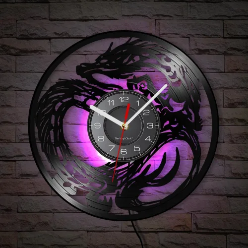 Miniatura 5 de Reloj de pared con diseño de dragón de 12 pulgadas, 7 cambios de color, decoración medieval de fantasía, disco de vinilo, reloj de pared de dragones