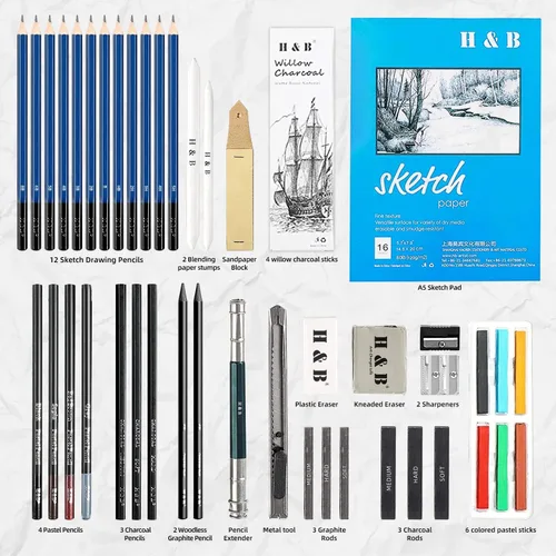Miniatura 2 de H & B Kit de dibujo y dibujo de 48 piezas para adultos y artistas principiantes, incluye lápices de grafito y carbón, tocones de mezcla, bloc