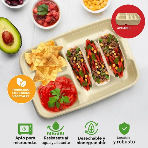 Miniatura 3 de Platos de taco de 3 y 2 lados, platos de papel desechables con divisores - Paquete de 25 Bandeja de tacos para fiesta, soporte de tacos