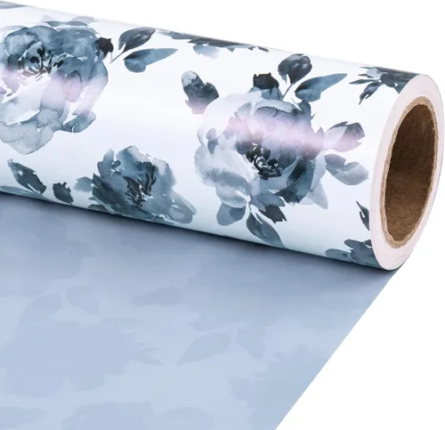 RUSPEPA Papel de regalo reversible floral para niñas y mujeres, mini rollo, acuarela azul floral y azul sólido papel de regalo para cumpleaños,