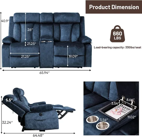 Miniatura 2 de Sofá reclinable de terciopelo, sofá biplaza reclinable doble con calor y masaje, sofá reclinable de pared con USB y tipo C, sofá reclinable