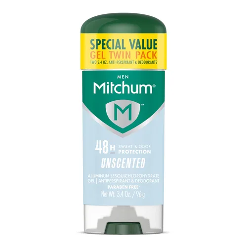 Mitchum Gel antitranspirante y desodorante de triple protección contra olores para hombre, sin perfume, protección 48 horas, paquete de 2