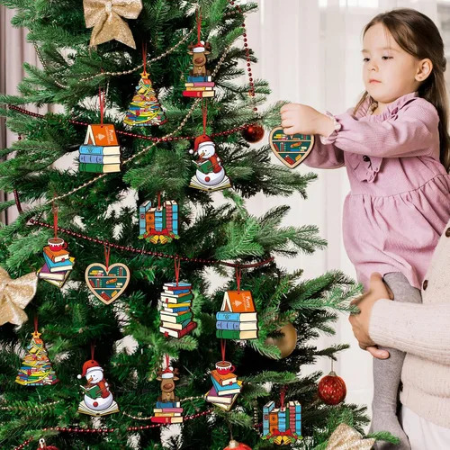 Miniatura 6 de Juego de 24 adornos colgantes para libros de Navidad, árbol de Navidad de madera, muñeco de nieve, campana, estantería de alce, adorno de lectura