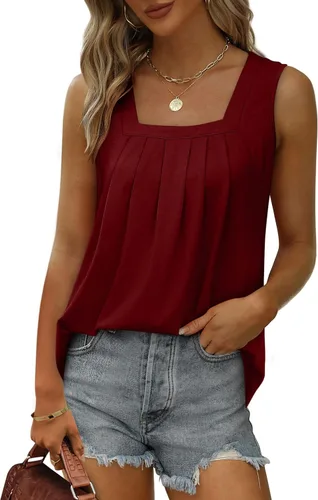 Miniatura 172 de Saloogoe - Camisetas sin mangas veraniegas para mujeres, plisadas con cuello cuadrado y dobladillo curvado, blusas de ajuste holgado con movimiento