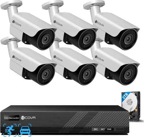 4COVR - Sistema de cámara de seguridad PoE, detección de humanos y vehículos, 8 canales 8MP PoE NVR 2TB HDD, 6 cámaras IP con cable de 8 MP con