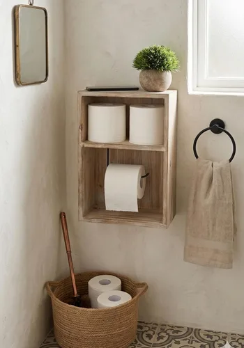Miniatura 6 de Soporte de papel higiénico para montaje en pared, dispensador de rollo de papel de seda decorativo, estante flotante, gabinete empotrado