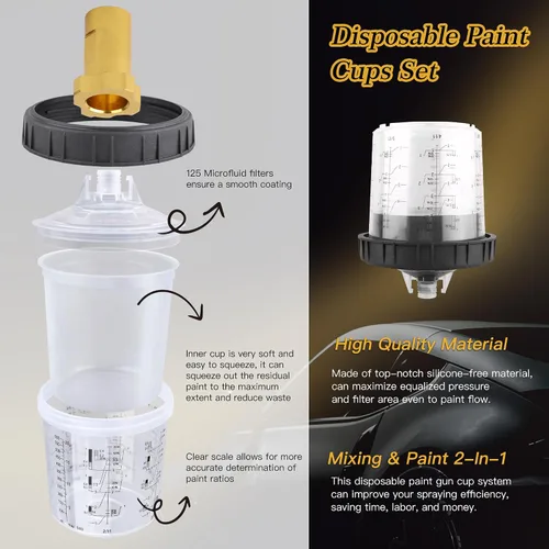 Miniatura 4 de Pistola pulverizadora HVLP con 10 tazas desechables de pintura de 600ML, 4 boquillas, 1.4/1.7/2.0/2.5mm, kit de pistola pulverizadora de pintura