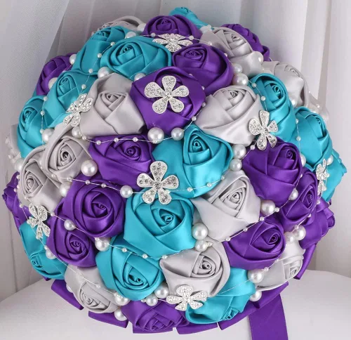 Miniatura 27 de Sharebeauty Ramo de novia de satén hecho a mano de 5.9 pulgadas, ramo de boda, ramo de flores artificiales, color azul claro + blanco W224