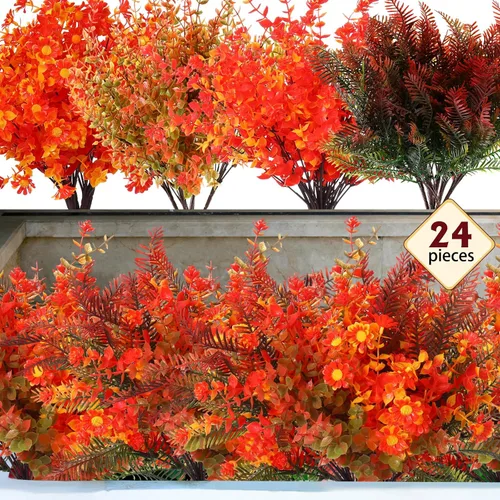 Geosar 24 paquetes de flores artificiales de otoño para exteriores, resistentes a los rayos UV, flores amarillas y naranjas, flores falsas para