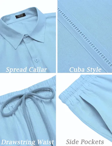Miniatura 5 de COOFANDY Conjunto de 2 piezas de lino para hombre, camisa con botones y pantalones cortos