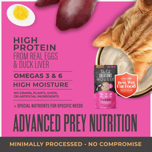 Miniatura 5 de Tiki Cat Solutions Fussy Mousse, hígado de pato y huevo, especialmente formulado para apoyar la digestión saludable, gato húmedo funcional