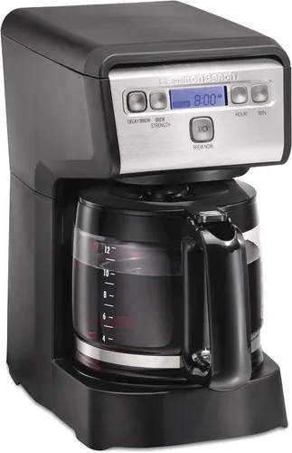 Hamiton Beach - Cafetera de goteo programable compacta de 12 tazas con jarra de vidrio de burosilicato sin goteo, apagado automático de 2 horas,