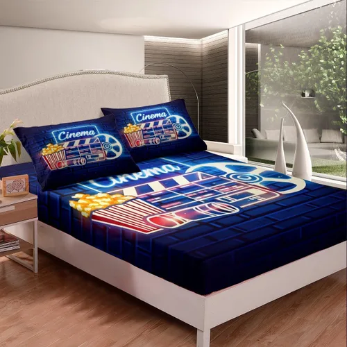 Miniatura 3 de Erosebridal Sábana bajera ajustable de noche de cine tamaño individual para niños y niñas, decoración de cine en casa, sábanas para amantes