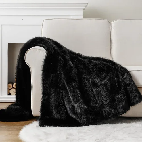 Miniatura 5 de BATTILO HOME Manta de Tiro de Piel Sintética Negra Mullida y Lujosa, Manta Negra para Sofá, Sillón, Silla, Cama, Mantas de Piel Mullida, Suave