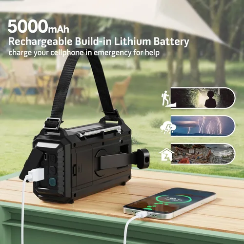 Miniatura 5 de Radio meteorológica digital NOAA 5000, manivela solar de 5 vías, cargador de radio de emergencia/teléfono portátil con pantalla LCD retroiluminada