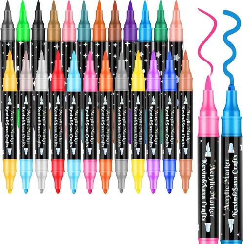 Juego de rotuladores de pintura acrílica de doble punta de 24 colores, puntas acrílicas multifuncionales con cuerpo de bolígrafo láser, bolígrafos