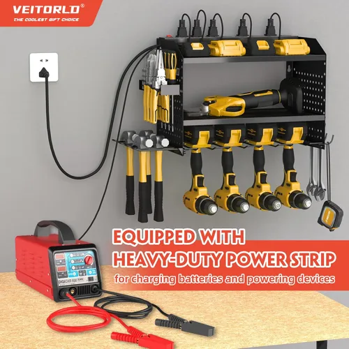 Miniatura 3 de Organizador de herramientas eléctricas con estación de carga, estante modular de montaje en pared resistente para garaje y organización de Negro