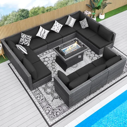 Miniatura 16 de BULEXYARD Juego de 7 piezas de sofá seccional para exteriores con respaldo alto, mesa para fogatas, juego de muebles de patio de mimbre resistente a