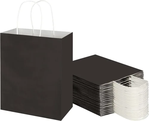Toovip - Paquete de 50 bolsas de papel kraft negro mediano de 8"x4.75"x10" con asas a granel, bolsas de papel para envolver regalos para recuerdos,