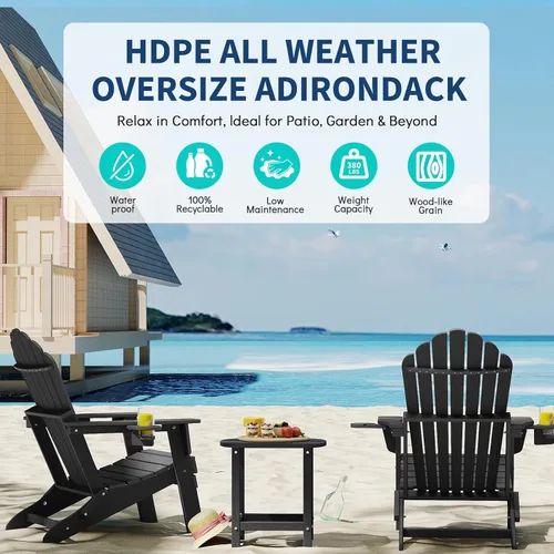 Miniatura 5 de Plawdlik Juego de 2 sillas plegables Adirondack de HDPE, sillas de patio al aire libre resistentes con soportes dobles para tazas, silla para Negro