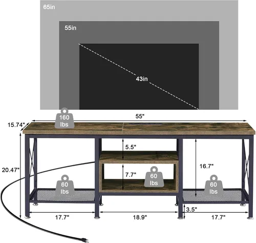 Miniatura 7 de VECELO Soporte de TV con tomas de corriente para centro de entretenimiento Industria Media de 65 pulgadas con estación de carga, estantes abiertos
