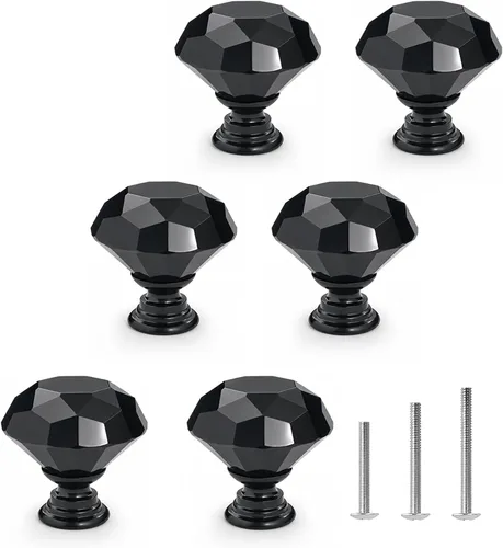 6 pomos de cristal de cristal de 1.18 pulgadas para cajones, pomos negros en forma de diamante, manijas con tornillos para cocina, baño, tocador,