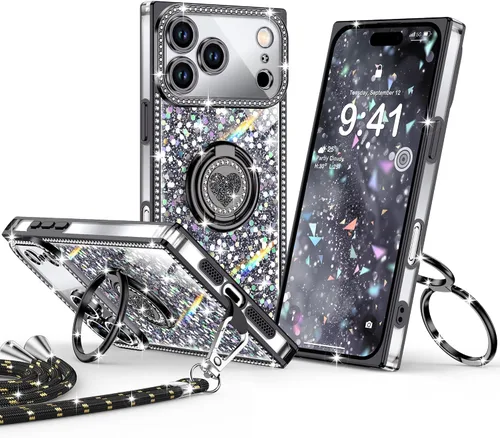 Miniatura 16 de XYZ Funda para iPhone 13, con purpurina brillante con soporte de corazón de 2 anillos y cordón, funda protectora a prueba de golpes con diamantes