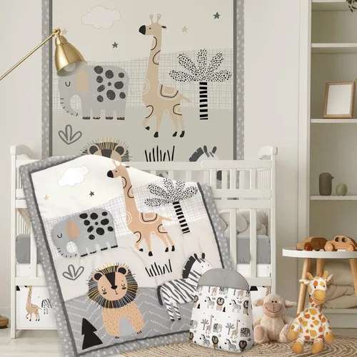 Juego de ropa de cama de 4 piezas para cuna con animales del bosque, incluye falda de cuna de safari en la jungla, manta, sábana de cuna y apilador