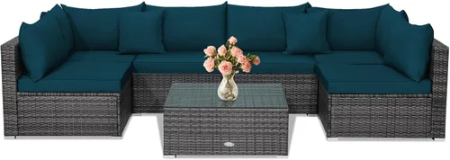Miniatura 29 de Tangkula Juego de muebles de mimbre de patio de 7 piezas, juego de sofá modular de ratán para 6 personas con cojines de asiento y respaldo, 2 Azul