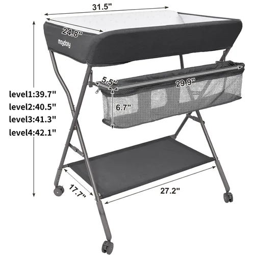 Miniatura 8 de Mesa de Cambiar para Bebé con Ruedas, Maydolly Estación de Pañales Portátil Ajustable en Altura Plegable con Organizador de Guardería y Estante