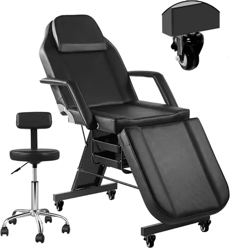 Silla de tatuaje para cliente, silla facial con ruedas, cama de tatuaje ajustable de 73 pulgadas para mesa de masaje de artista, con taburete, cama