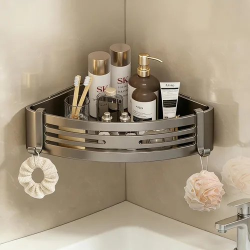 Organizador de ducha esquinero, estantes de ducha adhesivos sin perforaciones con ganchos, organizador de ducha extraíble impermeable y resistente